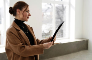 A home inspector reviewing a property with a clipboard.