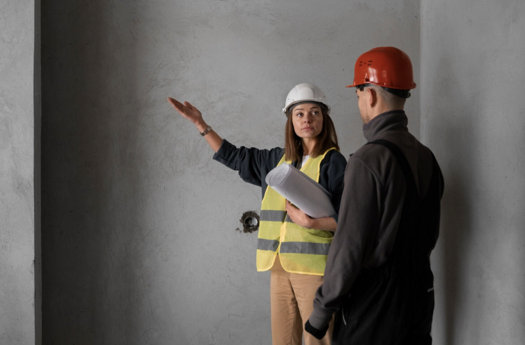 Home inspection team discussing property findings during a residential inspection.