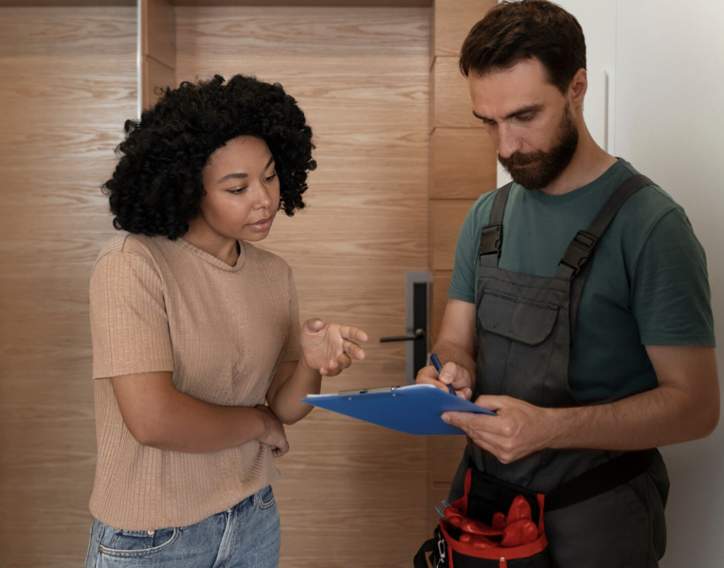 Home inspector reviewing inspection findings with a homeowner